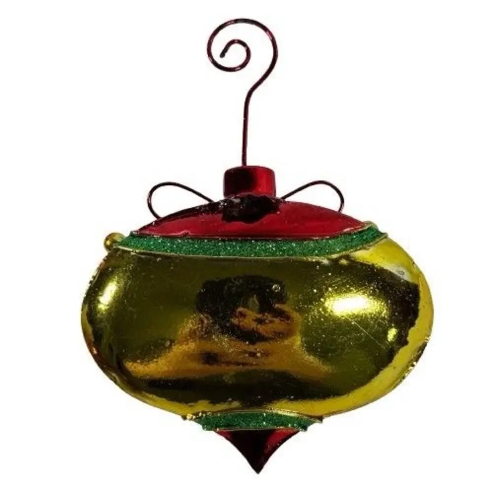 2 Large Vintage Metal Red & Green Christmas Ornaments Holly Berry w/Bells & Hook